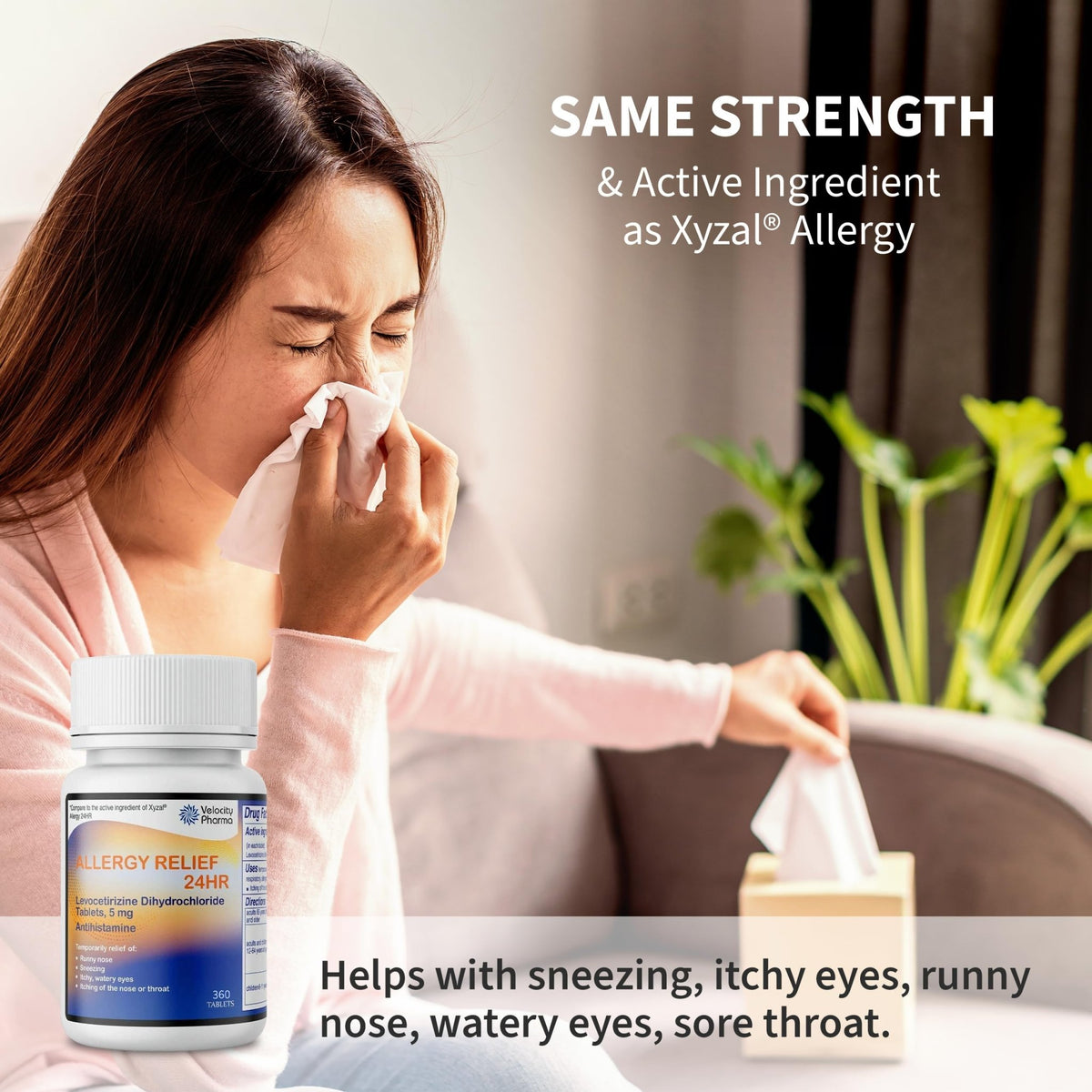 Velocity Pharma Levocetirizine Dihydrochloride 5mg USP Tablets, 24 Hour Allergy Relief Non-Drowsy Antihistamine, 360 Count - FENGGESTORE20