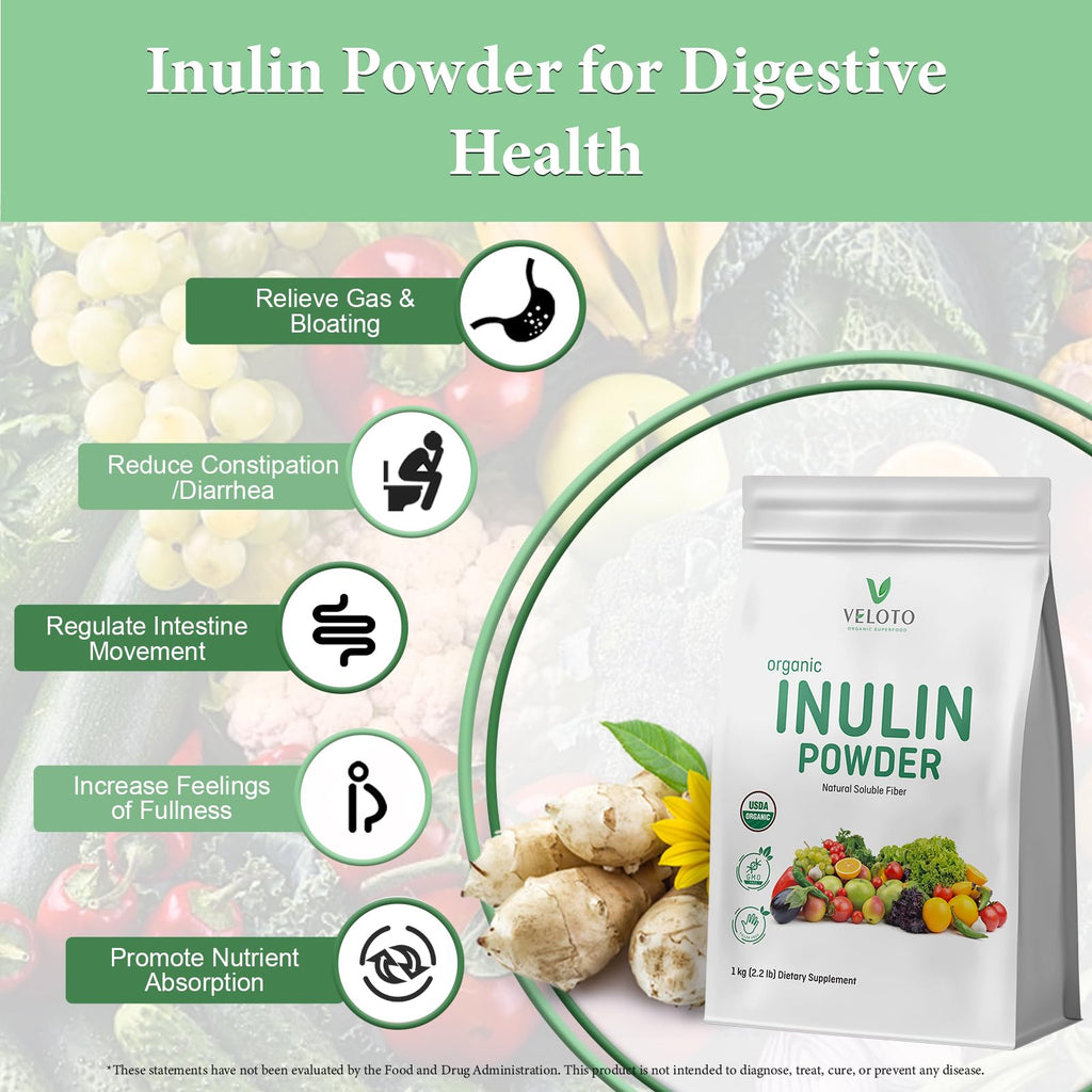 VELOTO Organic Inulin Powder – Prebiotic Fiber Supplement for Smoothies & Drinks, 2.2 lb, Flavorless, Water Soluble, Vegan & Non-GMO - FENGGESTORE20