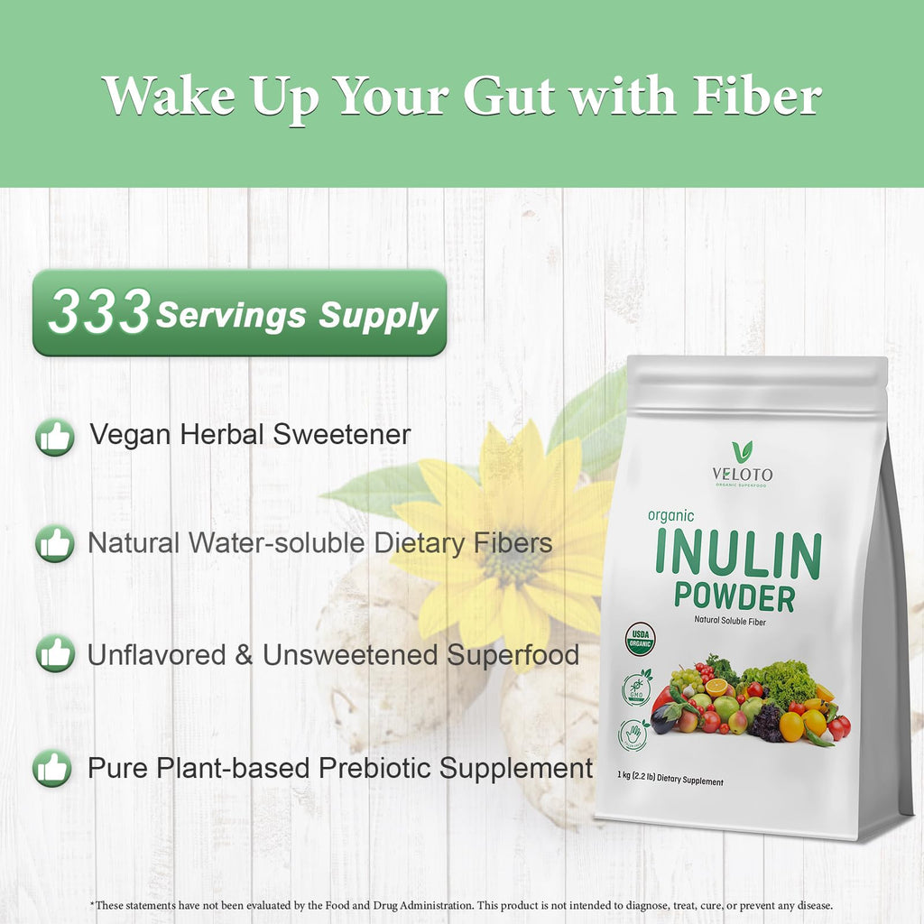 VELOTO Organic Inulin Powder – Prebiotic Fiber Supplement for Smoothies & Drinks, 2.2 lb, Flavorless, Water Soluble, Vegan & Non-GMO - FENGGESTORE20