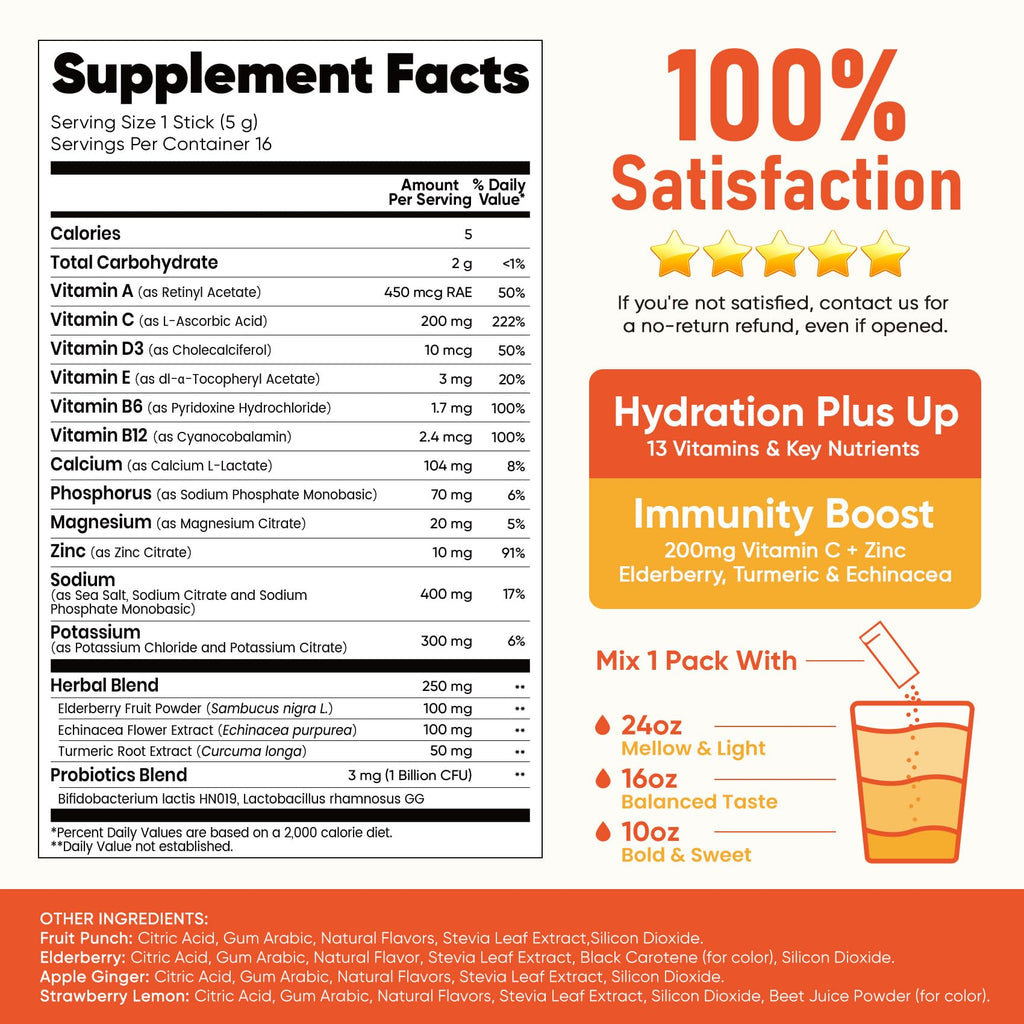 Venture Pal 2-in-1 Hydration + Immune Electrolytes Powder Packets with 7 Electrolytes & 6 Vitamins, Elderberry, Turmeric, Echinacea | Liquid Daily IV Drink Mix - FENGGESTORE20