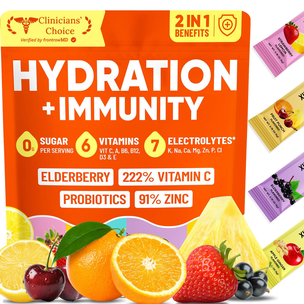 Venture Pal 2-in-1 Hydration + Immune Electrolytes Powder Packets with 7 Electrolytes & 6 Vitamins, Elderberry, Turmeric, Echinacea | Liquid Daily IV Drink Mix - FENGGESTORE20