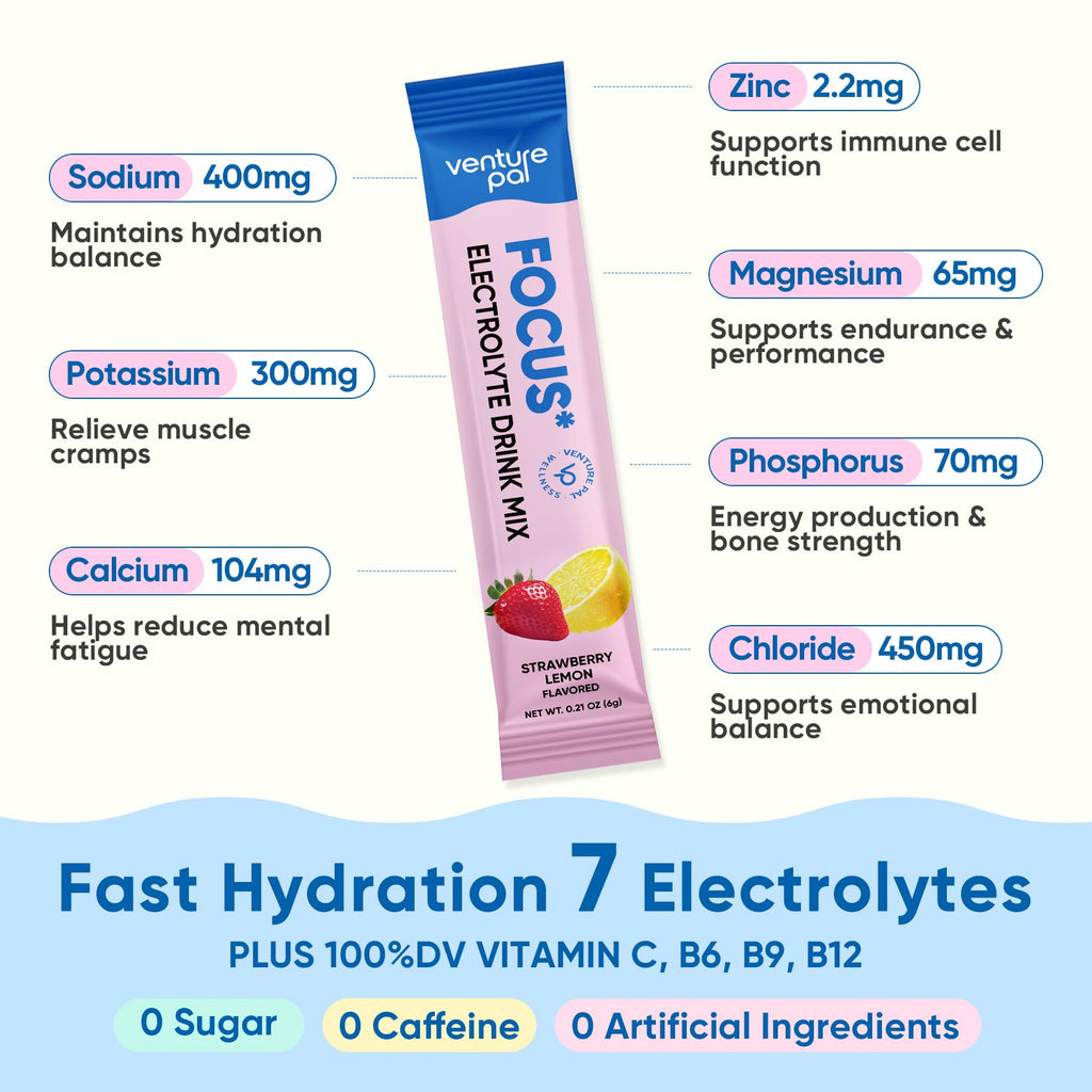 Venture Pal 2-in-1 Hydration Packets + Focus Support Electrolytes Powder, 7 Electrolytes + Vitamins, Magnesium, Lion's Mane & L-Theanine - FENGGESTORE20