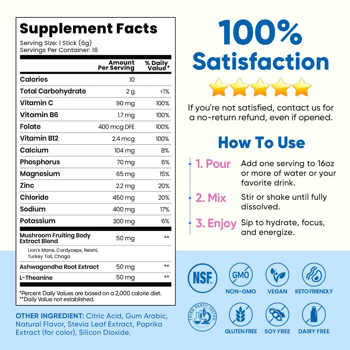 Venture Pal 2-in-1 Hydration Packets + Focus Support Electrolytes Powder, 7 Electrolytes + Vitamins, Magnesium, Lion's Mane & L-Theanine - FENGGESTORE20