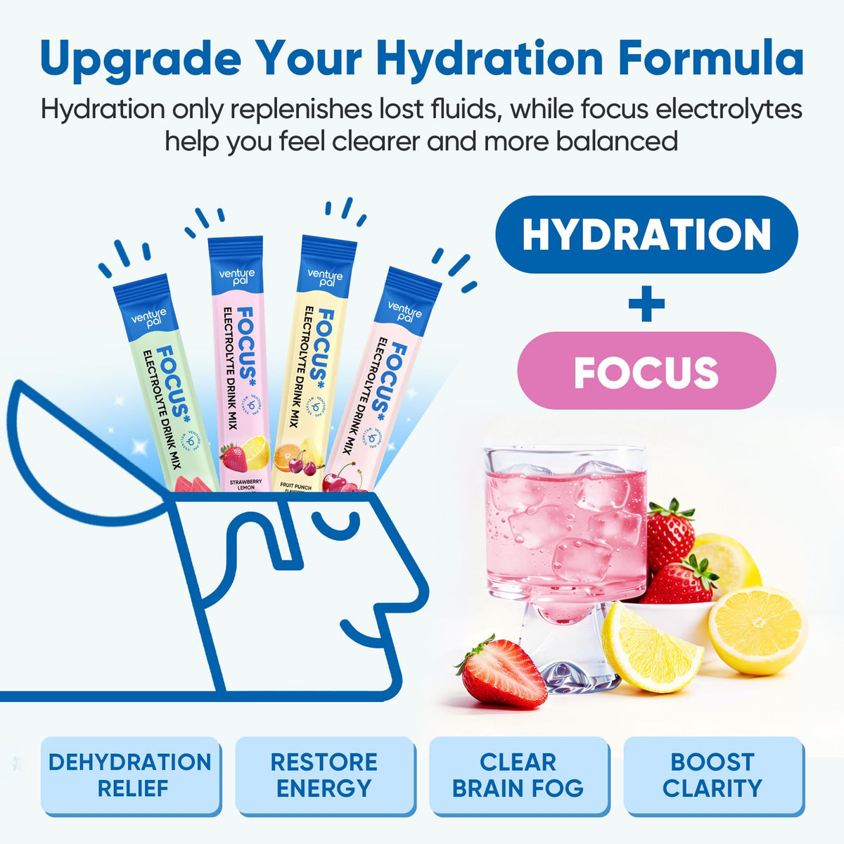 Venture Pal 2-in-1 Hydration Packets + Focus Support Electrolytes Powder, 7 Electrolytes + Vitamins, Magnesium, Lion's Mane & L-Theanine - FENGGESTORE20
