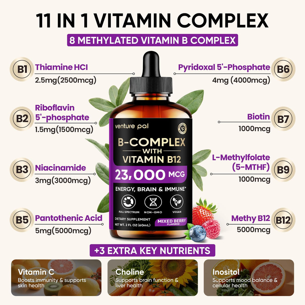 Venture Pal Vitamin B Complex Liquid Drops, B12 Methylcobalamin | B9 Folic | B1,B2,B3,B5,B6,B16 - Vitamin C, Choline, Inositol - FENGGESTORE20