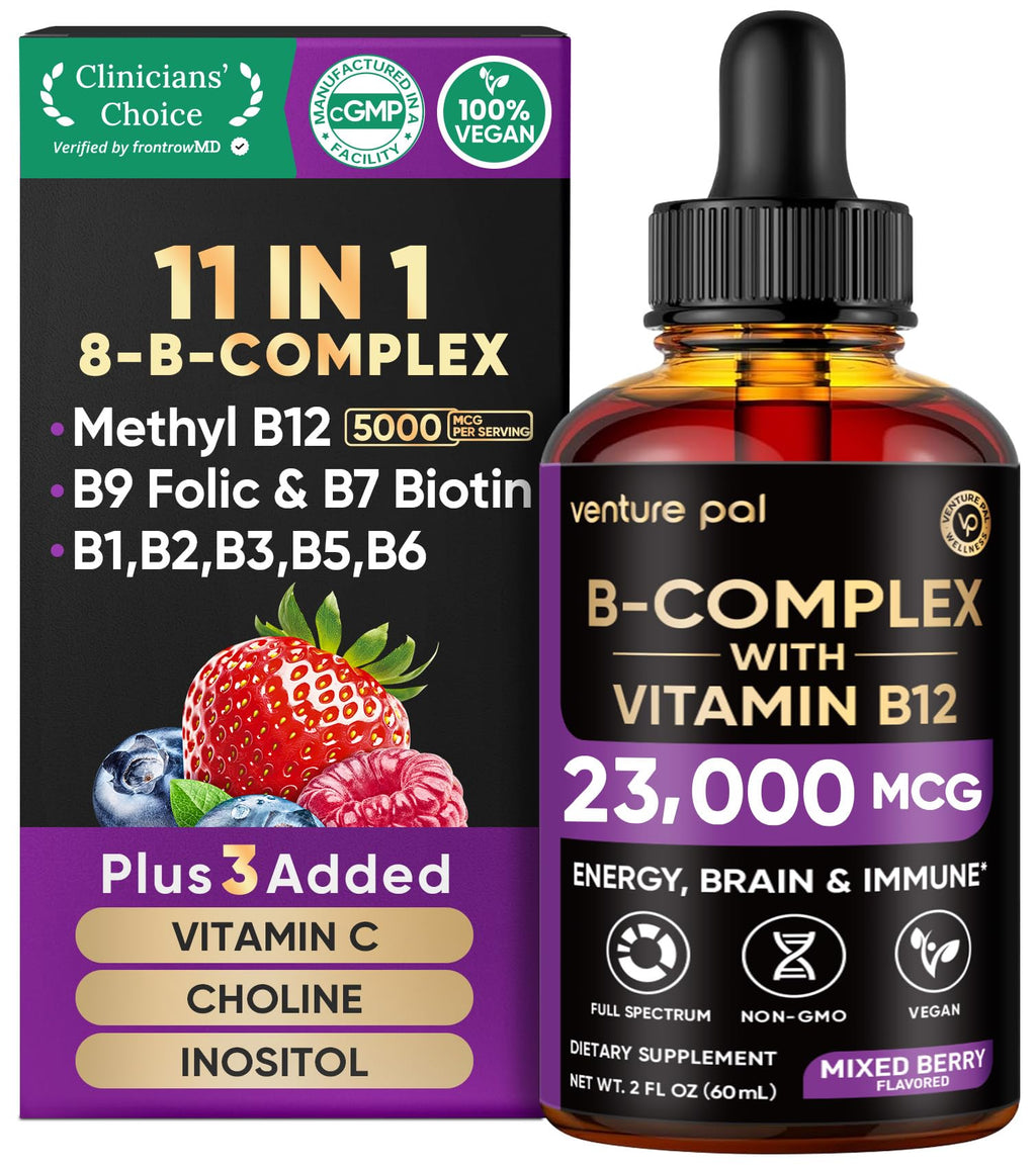 Venture Pal Vitamin B Complex Liquid Drops, B12 Methylcobalamin | B9 Folic | B1,B2,B3,B5,B6,B16 - Vitamin C, Choline, Inositol - FENGGESTORE20