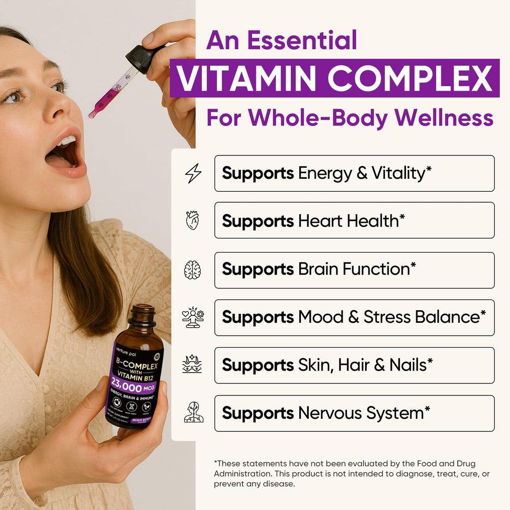 Venture Pal Vitamin B Complex Liquid Drops, B12 Methylcobalamin | B9 Folic | B1,B2,B3,B5,B6,B16 - Vitamin C, Choline, Inositol - FENGGESTORE20