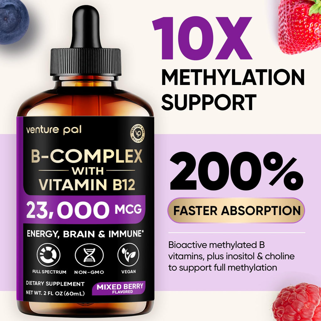 Venture Pal Vitamin B Complex Liquid Drops, B12 Methylcobalamin | B9 Folic | B1,B2,B3,B5,B6,B16 - Vitamin C, Choline, Inositol - FENGGESTORE20