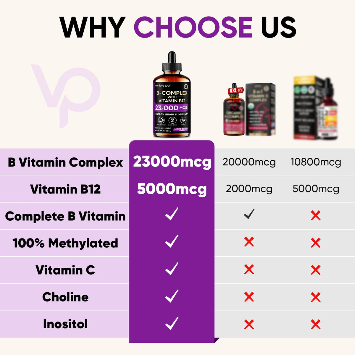 Venture Pal Vitamin B Complex Liquid Drops, B12 Methylcobalamin | B9 Folic | B1,B2,B3,B5,B6,B16 - Vitamin C, Choline, Inositol - FENGGESTORE20