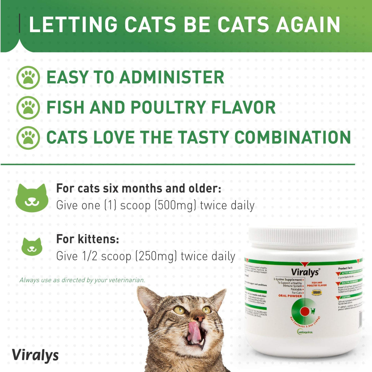 Vetoquinol Viralys Daily L-Lysine Powder for Cats and Kittens, Fish Flavored Lysine Supplement for Cats and Kittens to Support Immune Health - FENGGESTORE20