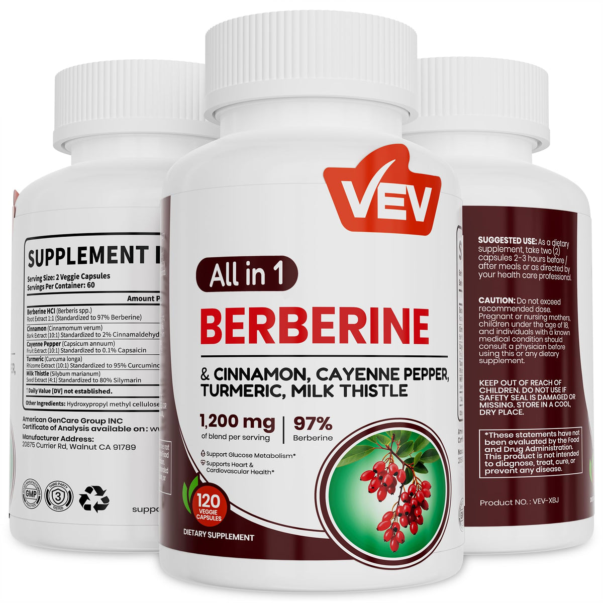 VEV Berberine Supplement with Ceylon Cinnamon, Cayenne Pepper, Turmeric, Milk Thistle, Vegan & Non-GMO – 120 Capsules - FENGGESTORE20