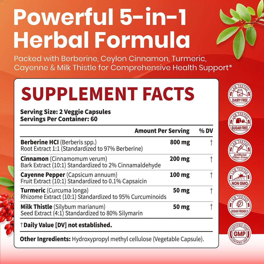 VEV Berberine Supplement with Ceylon Cinnamon, Cayenne Pepper, Turmeric, Milk Thistle, Vegan & Non-GMO – 120 Capsules - FENGGESTORE20