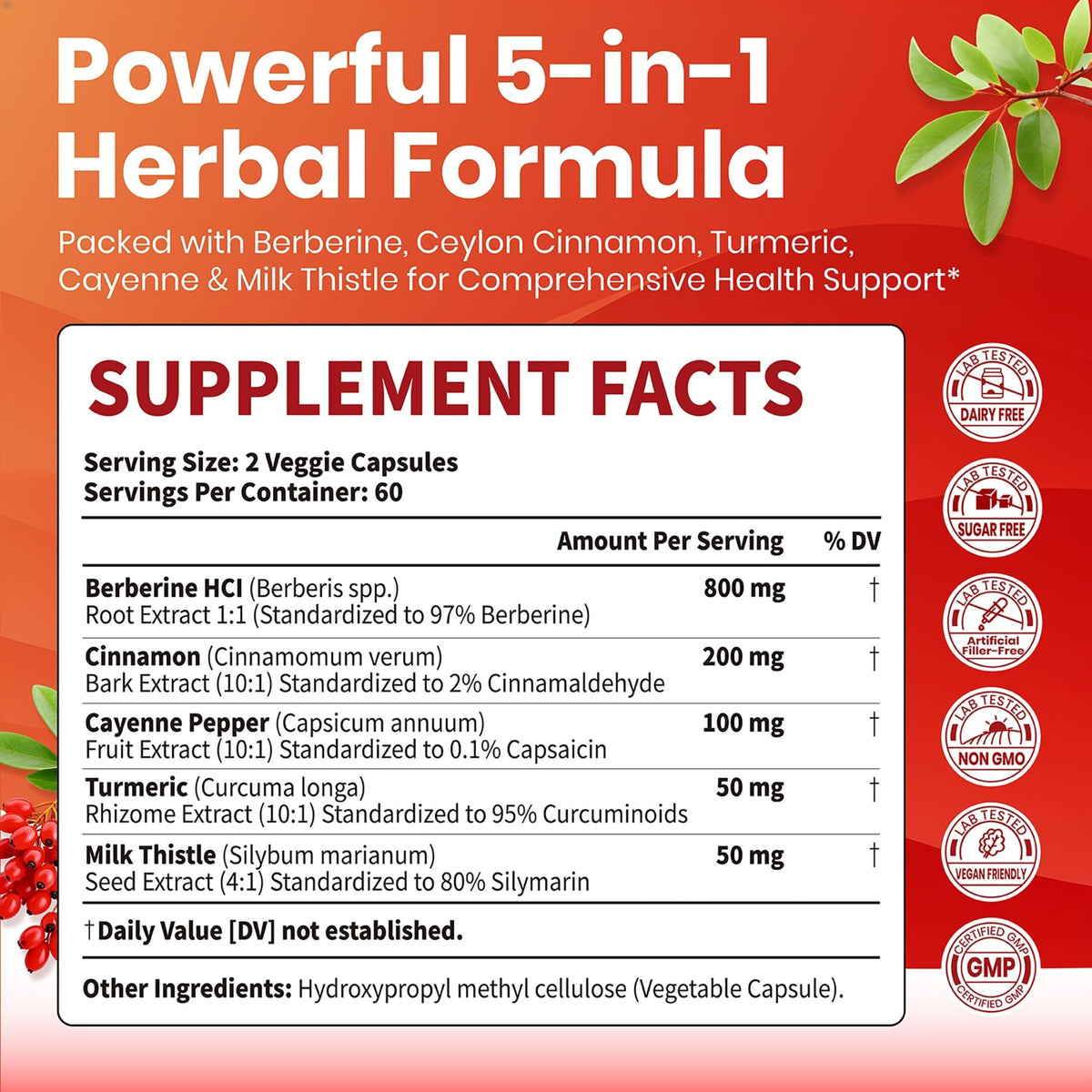 VEV Berberine Supplement with Ceylon Cinnamon, Cayenne Pepper, Turmeric, Milk Thistle, Vegan & Non-GMO – 120 Capsules - FENGGESTORE20