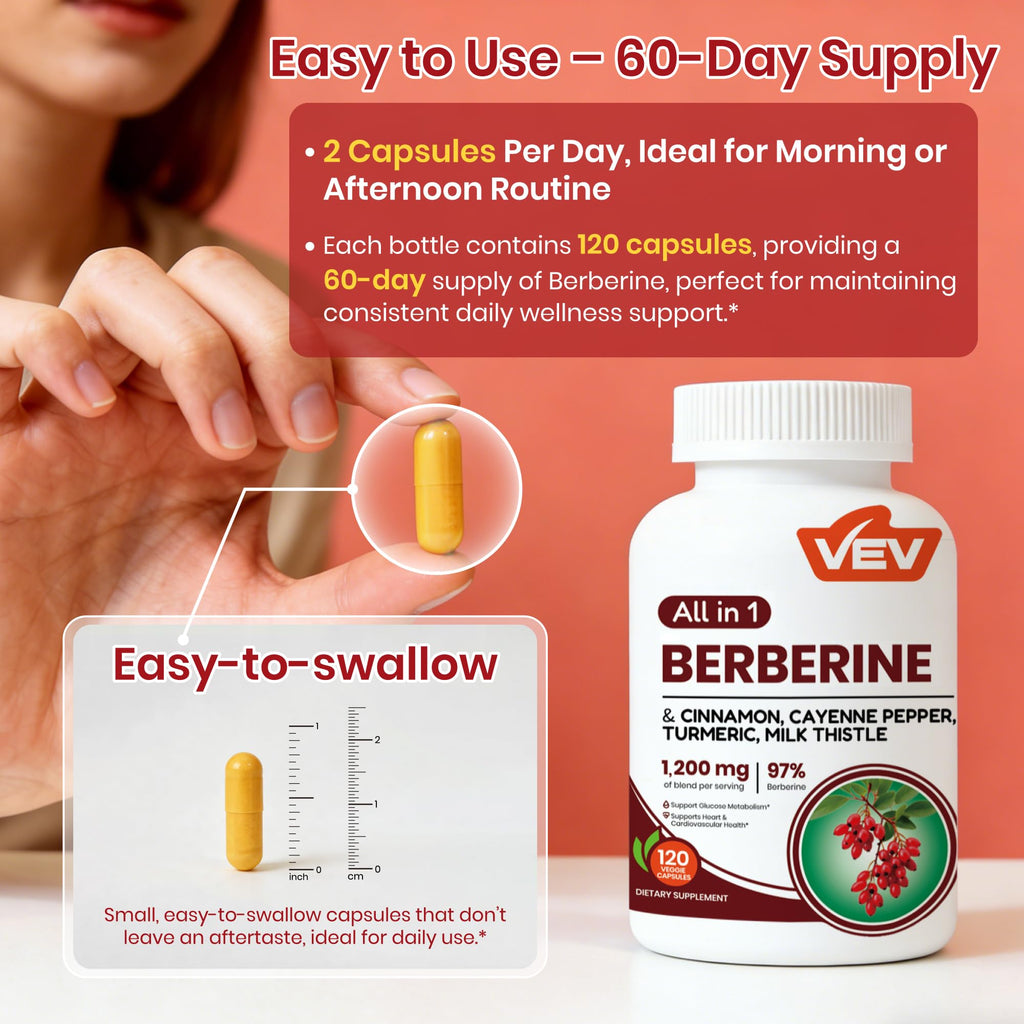 VEV Berberine Supplement with Ceylon Cinnamon, Cayenne Pepper, Turmeric, Milk Thistle, Vegan & Non-GMO – 120 Capsules - FENGGESTORE20