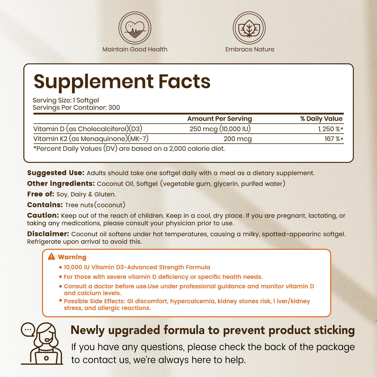VEV Corefeel Vitamin D3 K2 10,000 IU, 200 mcg MK-7, 300 Coconut Oil Softgels, 2 in 1 Vitamins Supplement D & K (Include MK7), Easy to Swallow - FENGGESTORE20