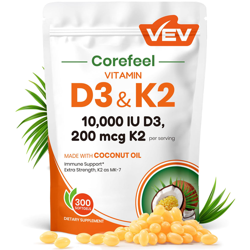 VEV Corefeel Vitamin D3 K2 10,000 IU, 200 mcg MK-7, 300 Coconut Oil Softgels, 2 in 1 Vitamins Supplement D & K (Include MK7), Easy to Swallow - FENGGESTORE20