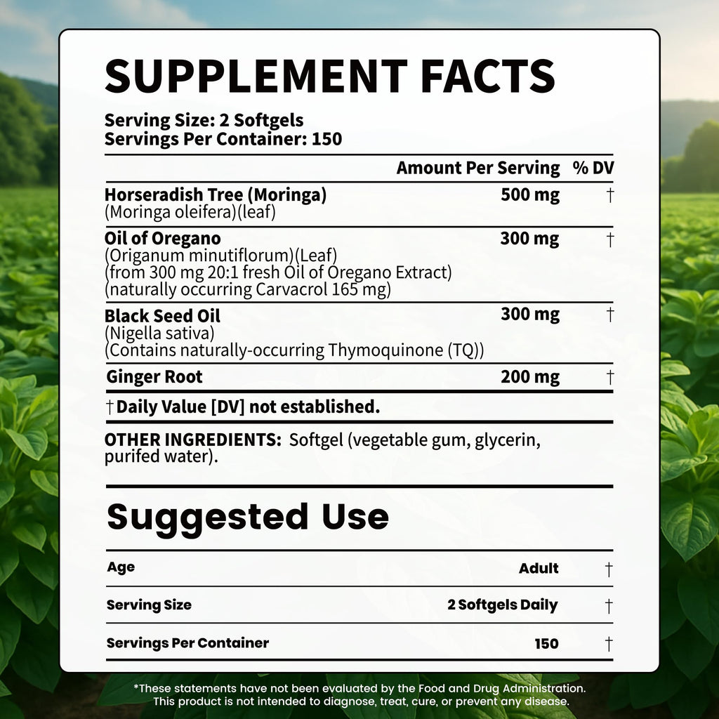 VEV Oil of Oregano with Black Seed Oil & Moringa, Organic, 300 Softgels, Aceite de Orégano, Carvacrol-Rich, Opaque Airtight Packaging - FENGGESTORE20
