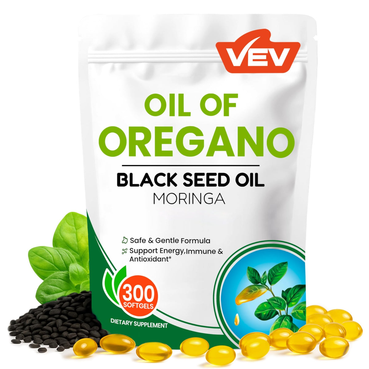 VEV Oil of Oregano with Black Seed Oil & Moringa, Organic, 300 Softgels, Aceite de Orégano, Carvacrol-Rich, Opaque Airtight Packaging - FENGGESTORE20