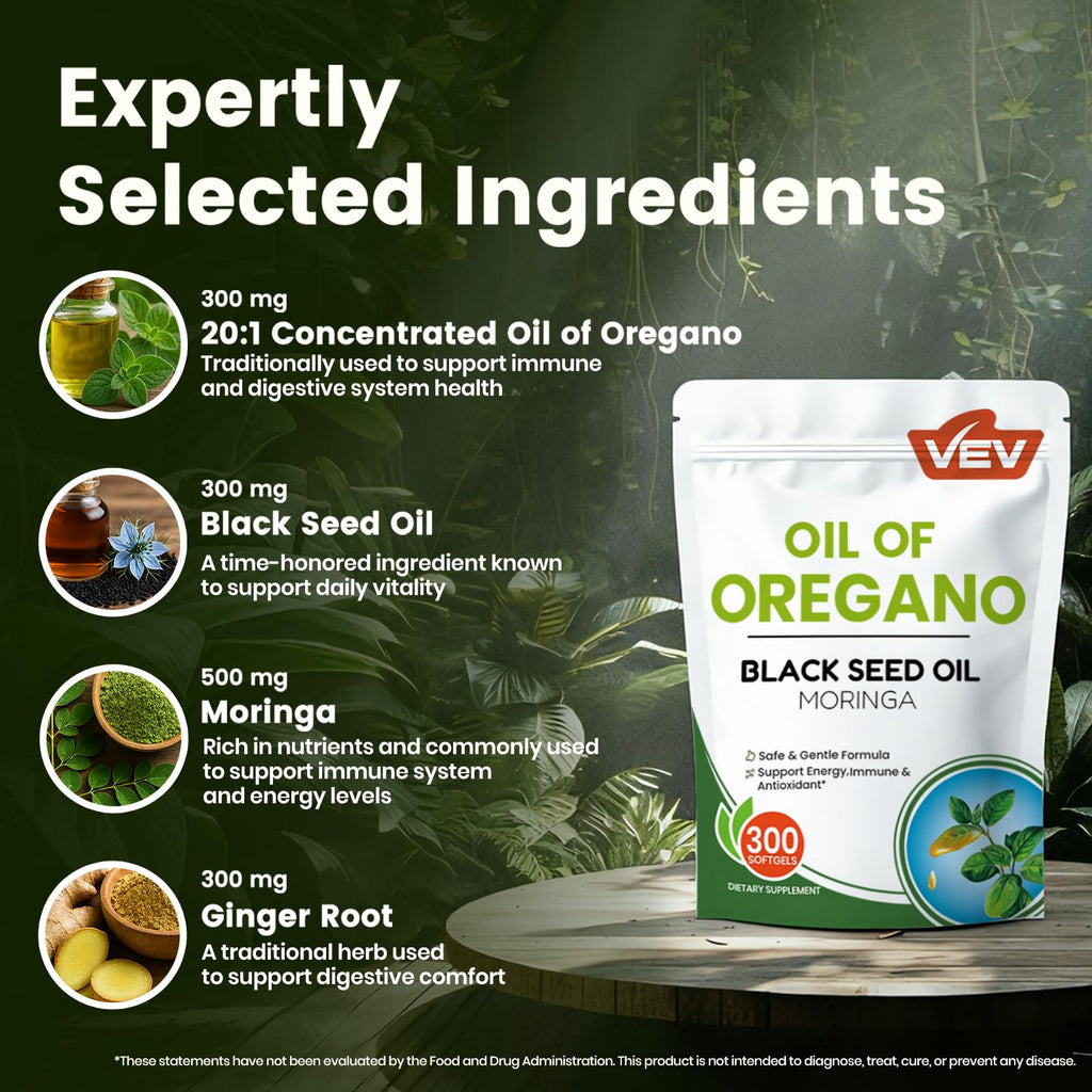 VEV Oil of Oregano with Black Seed Oil & Moringa, Organic, 300 Softgels, Aceite de Orégano, Carvacrol-Rich, Opaque Airtight Packaging - FENGGESTORE20