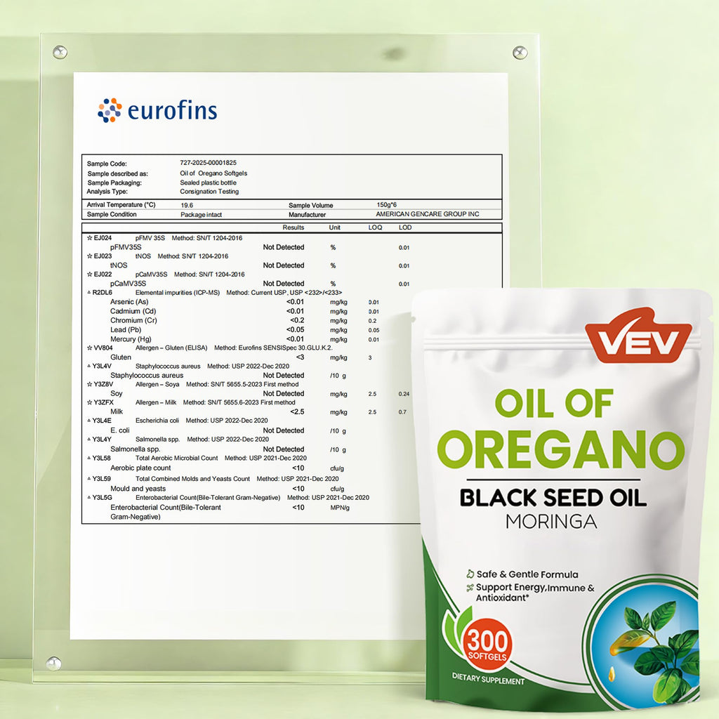 VEV Oil of Oregano with Black Seed Oil & Moringa, Organic, 300 Softgels, Aceite de Orégano, Carvacrol-Rich, Opaque Airtight Packaging - FENGGESTORE20