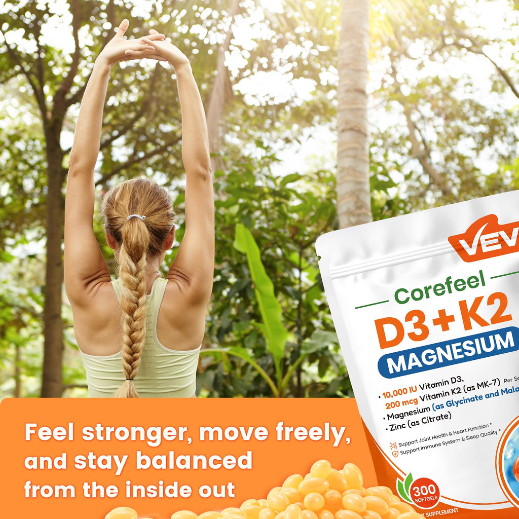 VEV Vitamin D3 K2 10,000 IU Magnesium Supplement – with Vitamin D and K (MK-7), Magnesium Glycinate & Malate, Zinc Citrate - FENGGESTORE20