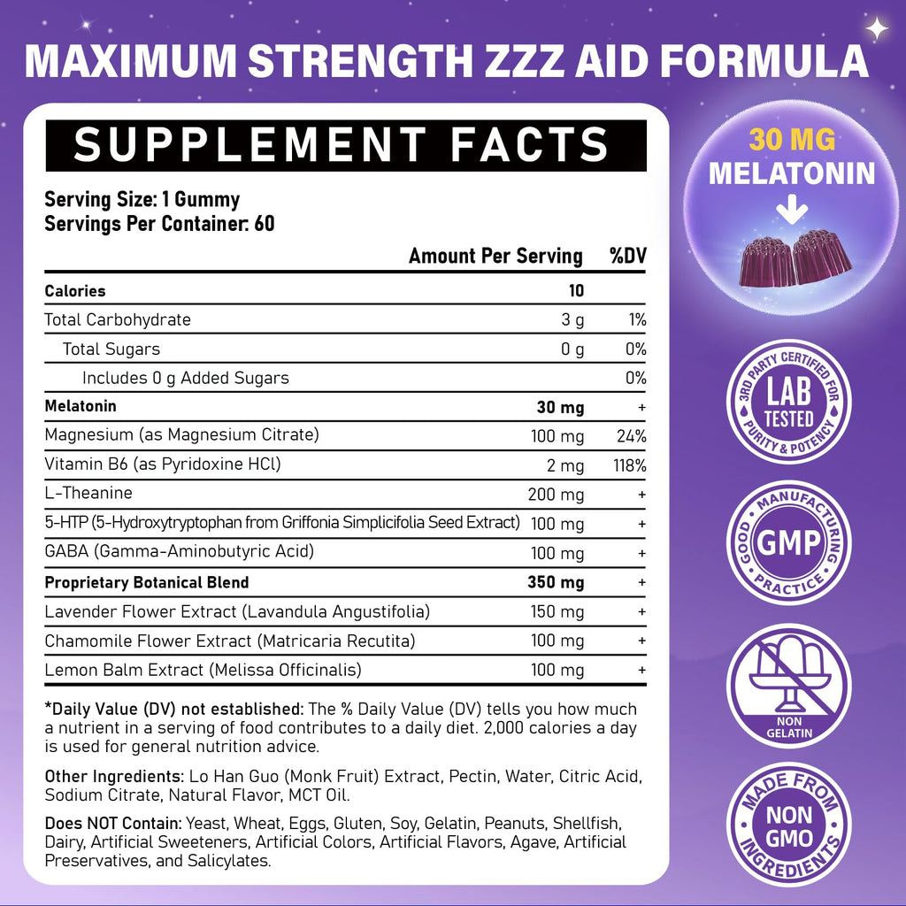Veyttisy Melatonin 30mg Gummies for Adults - Sugar Free Melatonin Gummies Maximum Strength with Magnesium, B6, GABA & Botanical Blend - Non-Habit Forming,Vegan - FENGGESTORE20