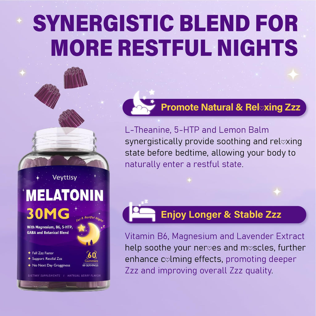 Veyttisy Melatonin 30mg Gummies for Adults - Sugar Free Melatonin Gummies Maximum Strength with Magnesium, B6, GABA & Botanical Blend - Non-Habit Forming,Vegan - FENGGESTORE20