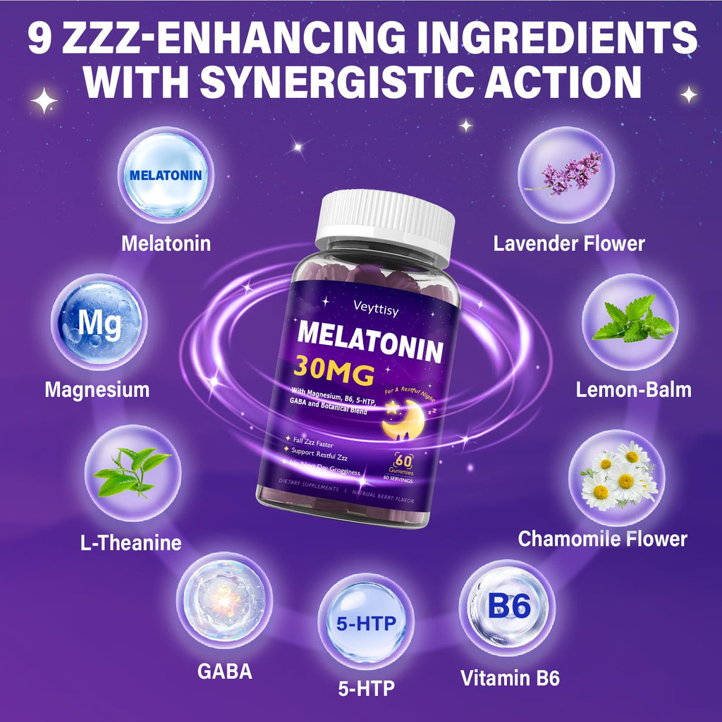 Veyttisy Melatonin 30mg Gummies for Adults - Sugar Free Melatonin Gummies Maximum Strength with Magnesium, B6, GABA & Botanical Blend - Non-Habit Forming,Vegan - FENGGESTORE20