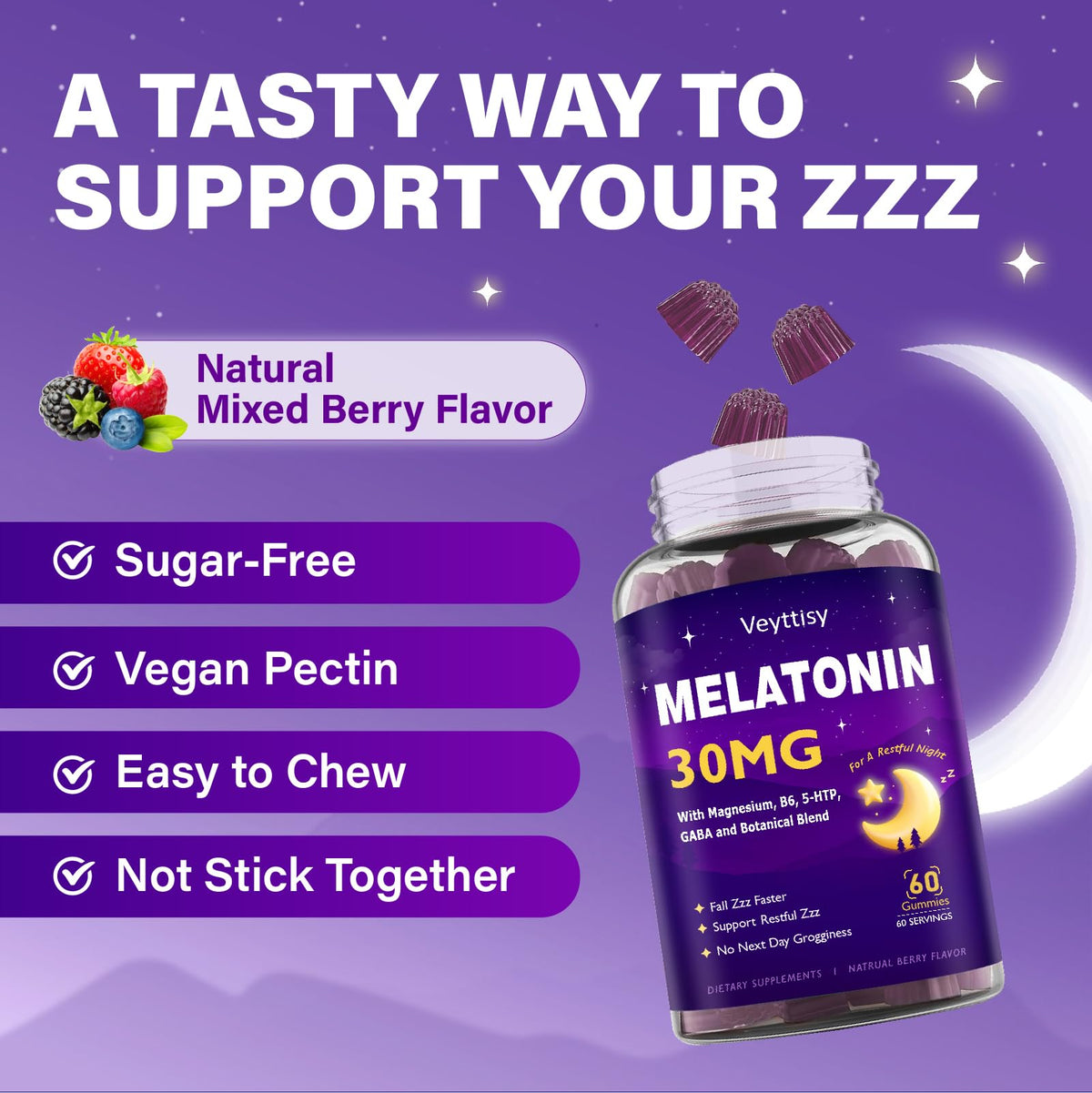 Veyttisy Melatonin 30mg Gummies for Adults - Sugar Free Melatonin Gummies Maximum Strength with Magnesium, B6, GABA & Botanical Blend - Non-Habit Forming,Vegan - FENGGESTORE20