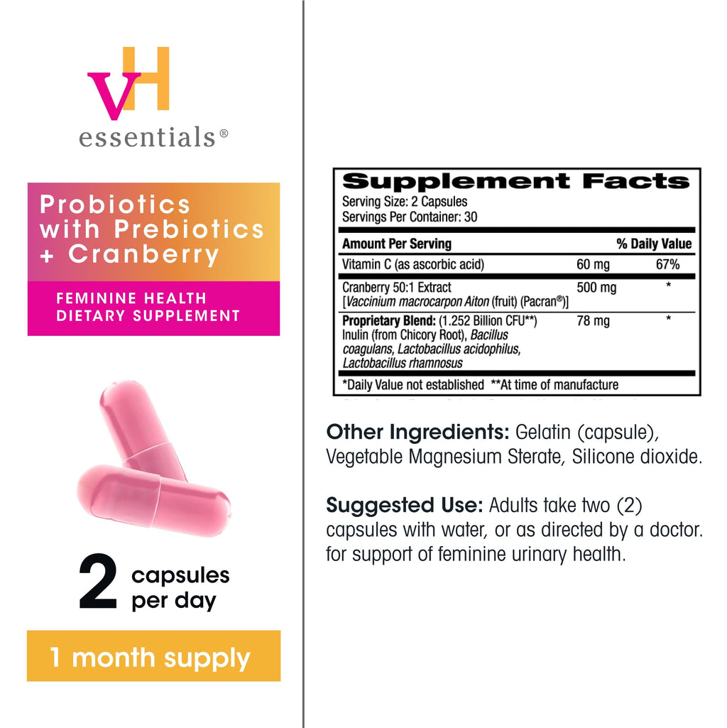 vH essentials Probiotics with Prebiotics and Cranberry Feminine Health Supplement - 60 Capsules - FENGGESTORE20