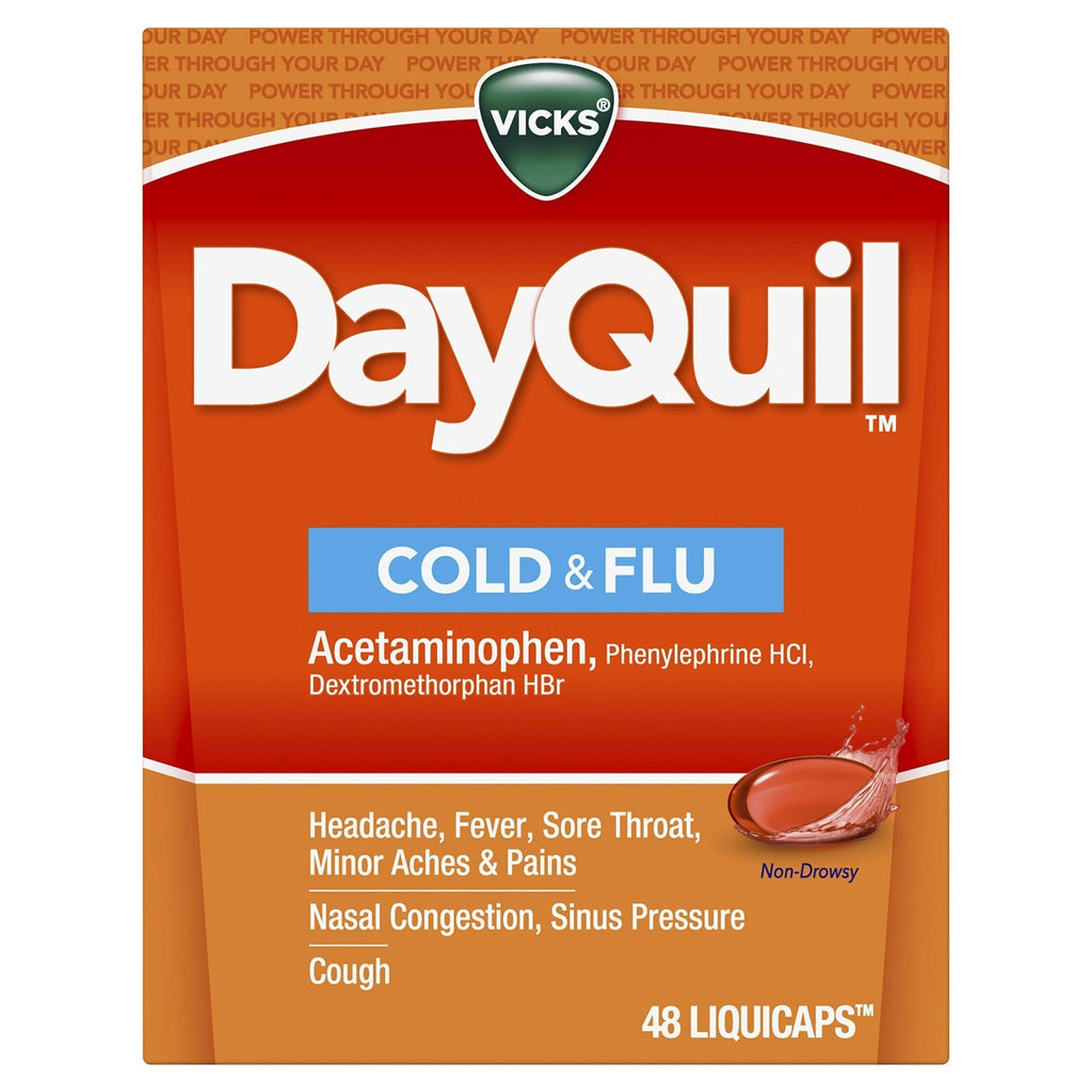 Vicks DayQuil Cold & Flu Medicine, Non-Drowsy Powerful Multi-Symptom Daytime Relief for Headache, Fever, Sore Throat, Minor Aches and Pains, Nasal Congestion, Sinus Pressure and Cough, 48 Liquicaps - FENGGESTORE20