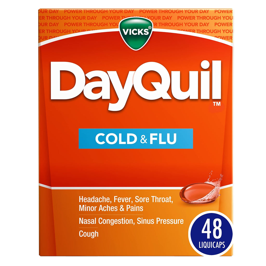 Vicks DayQuil Cold & Flu Medicine, Non-Drowsy Powerful Multi-Symptom Daytime Relief for Headache, Fever, Sore Throat, Minor Aches and Pains, Nasal Congestion, Sinus Pressure and Cough, 48 Liquicaps - FENGGESTORE20