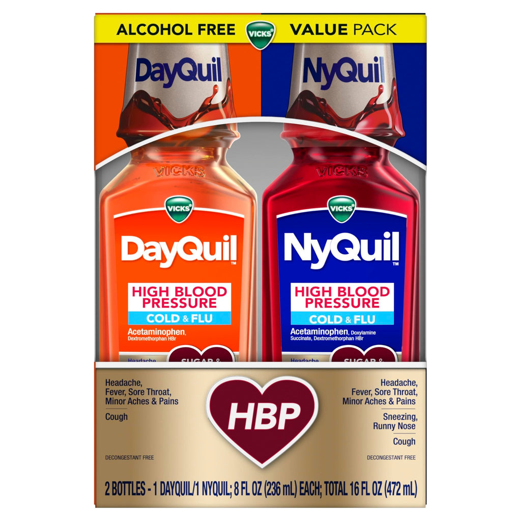 VICKS DayQuil & NyQuil High Blood Pressure Cold & Flu Relief Liquid Medicine Co-Pack, Powerful Multi-Symptom Daytime & Nighttime Relief for Cold, Cough, and Flu Symptoms, Sugar & Alcohol Free, 2x8oz - FENGGESTORE20