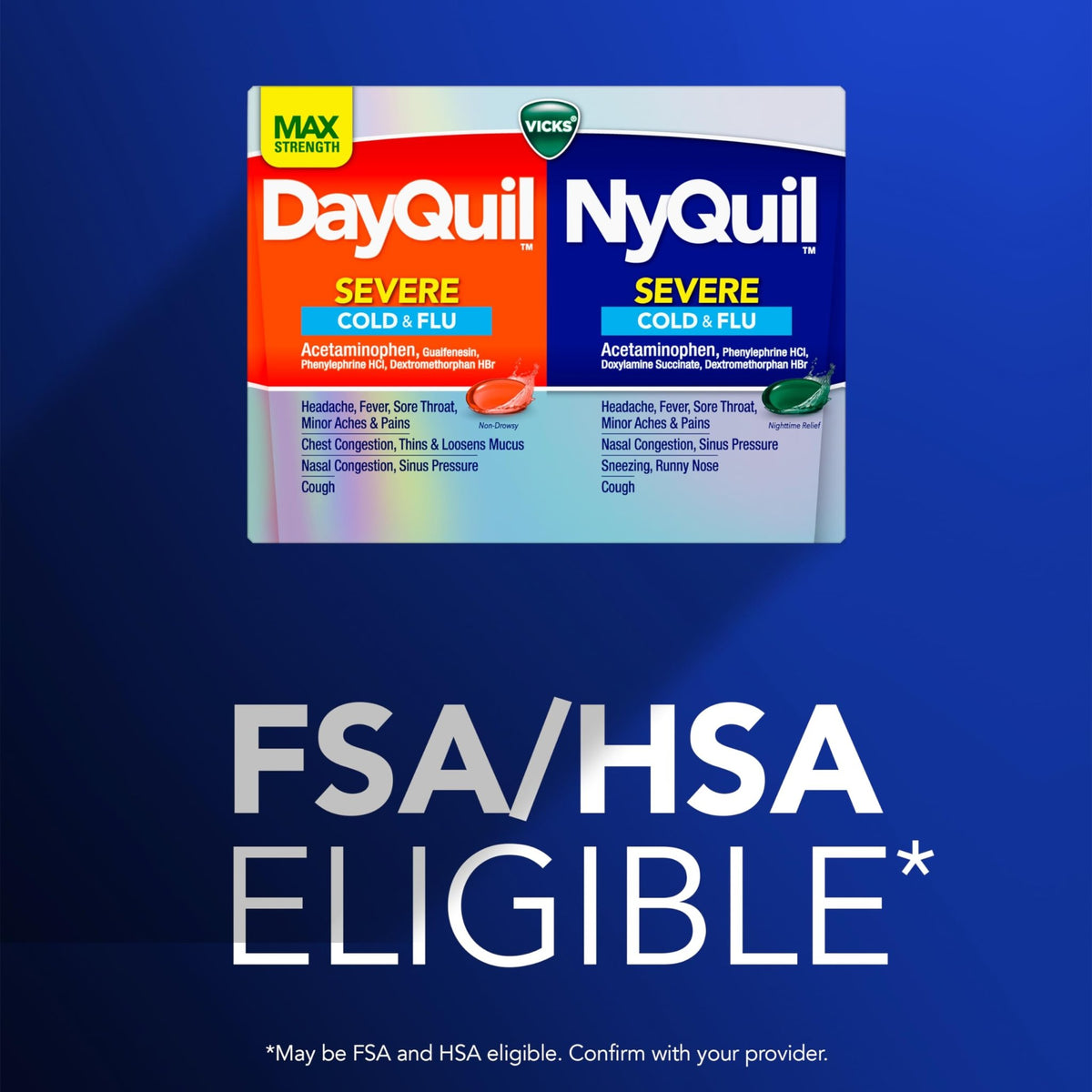 Vicks Dayquil & Nyquil Severe Co-Pack, Cold & Flu Medicine, Powerful Relief For Headache, Fever, Sore Throat, Minor Aches & Pains, Congestion, Sinus Pressure, Stuffy Nose, And Cough, 48 Liquicaps - FENGGESTORE20