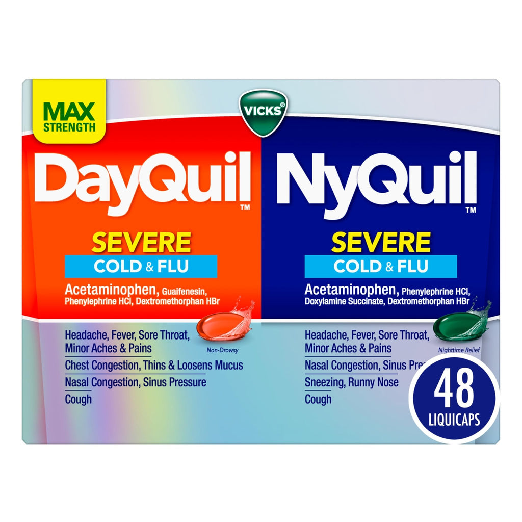 Vicks Dayquil & Nyquil Severe Co-Pack, Cold & Flu Medicine, Powerful Relief For Headache, Fever, Sore Throat, Minor Aches & Pains, Congestion, Sinus Pressure, Stuffy Nose, And Cough, 48 Liquicaps - FENGGESTORE20