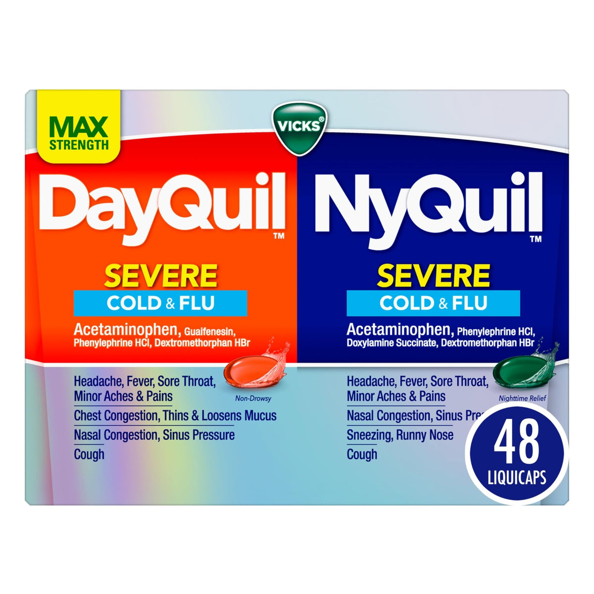 Vicks Dayquil & Nyquil Severe Co-Pack, Cold & Flu Medicine, Powerful Relief For Headache, Fever, Sore Throat, Minor Aches & Pains, Congestion, Sinus Pressure, Stuffy Nose, And Cough, 48 Liquicaps - FENGGESTORE20