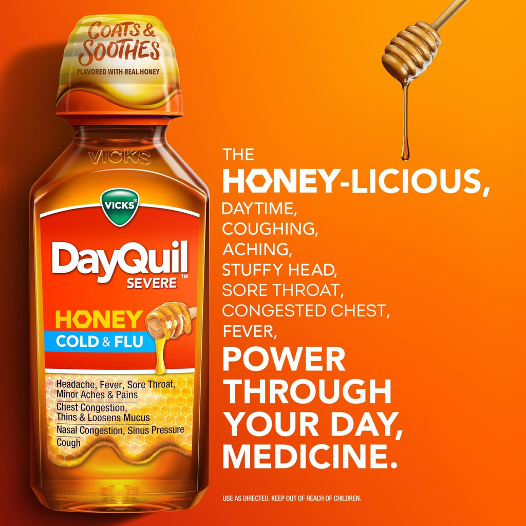 Vicks Dayquil & Nyquil Severe Honey Flavor Co-Pack, Cold & Flu Medicine, Relieves Headache, Fever, Sore Throat, Minor Aches & Pains, Nasal Congestion, Sinus Pressure, Stuffy Nose, And Cough, 2X12Oz - FENGGESTORE20