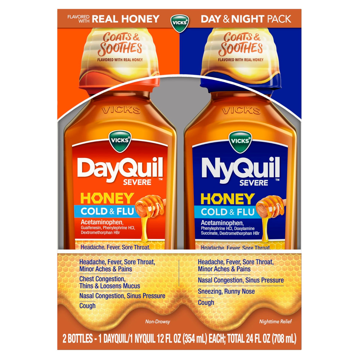 Vicks Dayquil & Nyquil Severe Honey Flavor Co-Pack, Cold & Flu Medicine, Relieves Headache, Fever, Sore Throat, Minor Aches & Pains, Nasal Congestion, Sinus Pressure, Stuffy Nose, And Cough, 2X12Oz - FENGGESTORE20