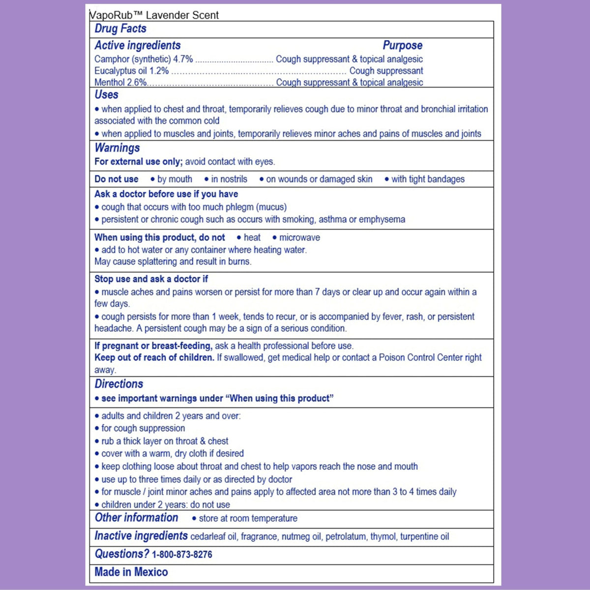 Vicks VapoRub, Lavender Scent, Cough Suppressant, Topical Chest Rub & Analgesic Ointment, Medicated Vicks Vapors, Relief from Cough Due to Cold, Aches & Pains, 1.76oz - FENGGESTORE20