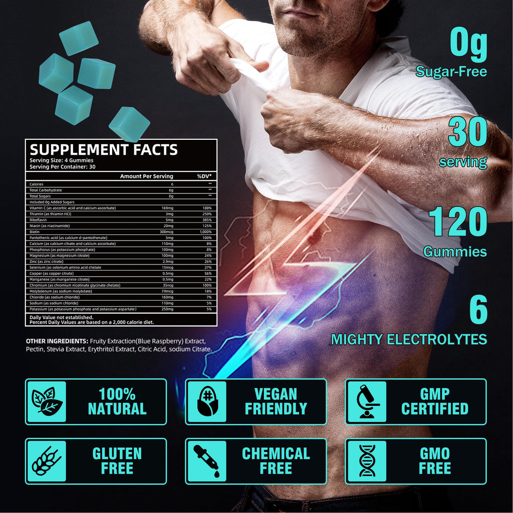 VIFSSG Electrolytes Gummies No Sugar, 120 Chewable Electrolyte Gummies with 6 Electrolytes for Runners and Endurance Sports, Refreshing Blue Raspberry, Hydration Electrolyte Chews, 1 Pack - FENGGESTORE20