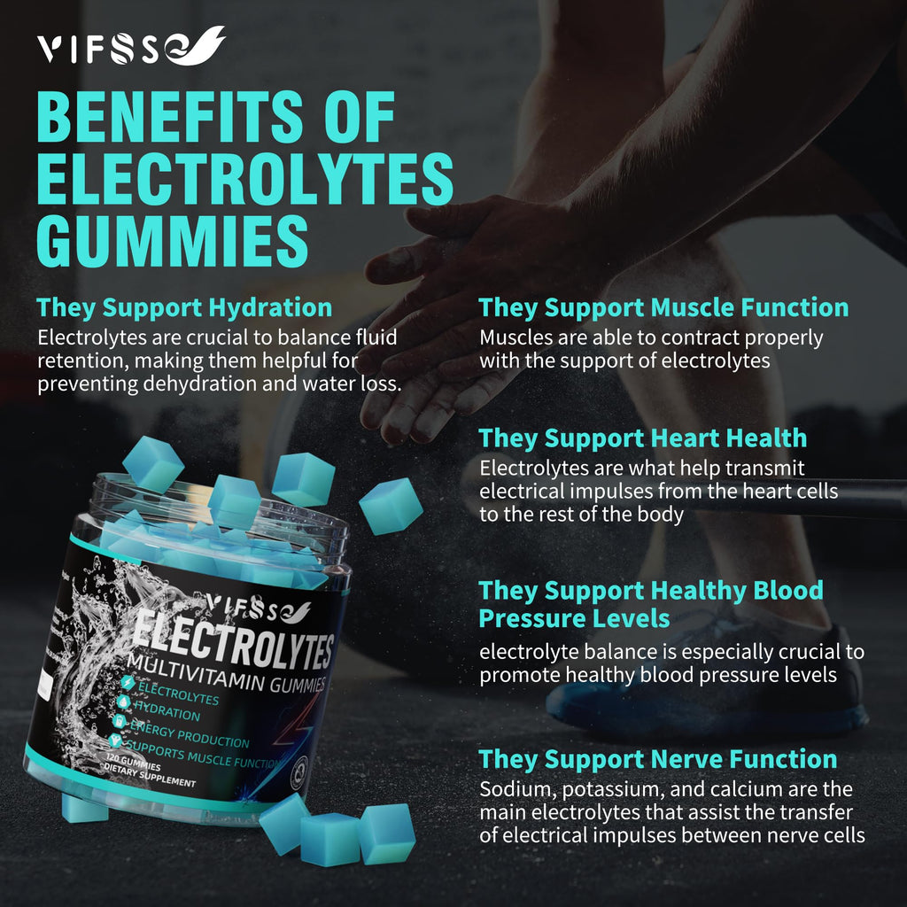 VIFSSG Electrolytes Gummies No Sugar, 120 Chewable Electrolyte Gummies with 6 Electrolytes for Runners and Endurance Sports, Refreshing Blue Raspberry, Hydration Electrolyte Chews, 1 Pack - FENGGESTORE20