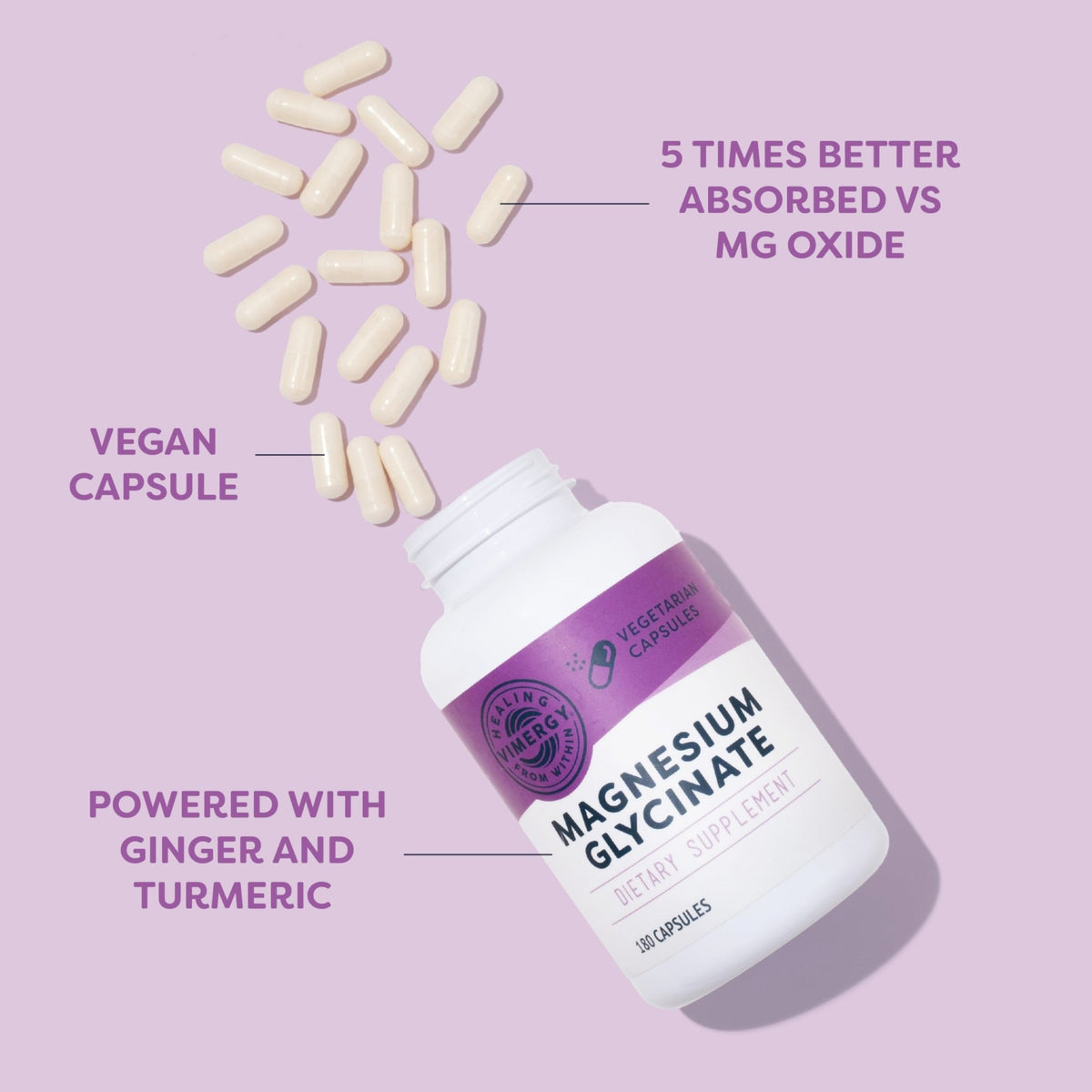 VIMERGY Magnesium Glycinate – Stress Support – Chelated to Avoid Tummy Upset*– Promotes Heart Health & Energy*– Kosher, Vegan Gluten-Free – 180 Caps - FENGGESTORE20