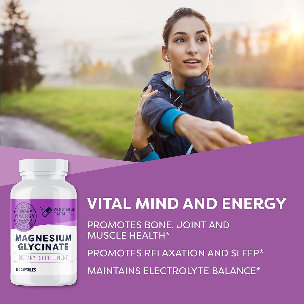 VIMERGY Magnesium Glycinate – Stress Support – Chelated to Avoid Tummy Upset*– Promotes Heart Health & Energy*– Kosher, Vegan Gluten-Free – 180 Caps - FENGGESTORE20