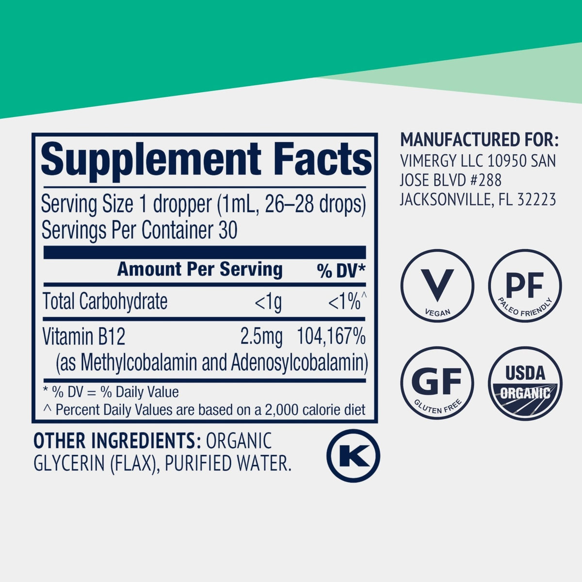 Vimergy USDA Organic Liquid Vitamin B12 Supplement 2500 mcg, Methylcobalamin & Adenosylcobalamin Fast-Absorbing Energy Support, Vegan, Non-GMO B12 Vitamins - FENGGESTORE20