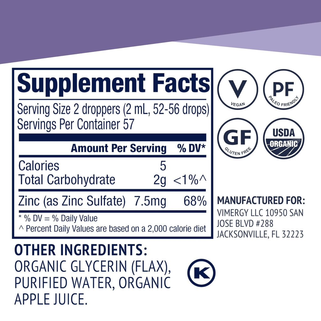 VIMERGY USDA Organic Zinc Supplements for Women & Men (7.5mg Liquid Zinc Per Serving) Fast-Absorbing Immune Support - FENGGESTORE20