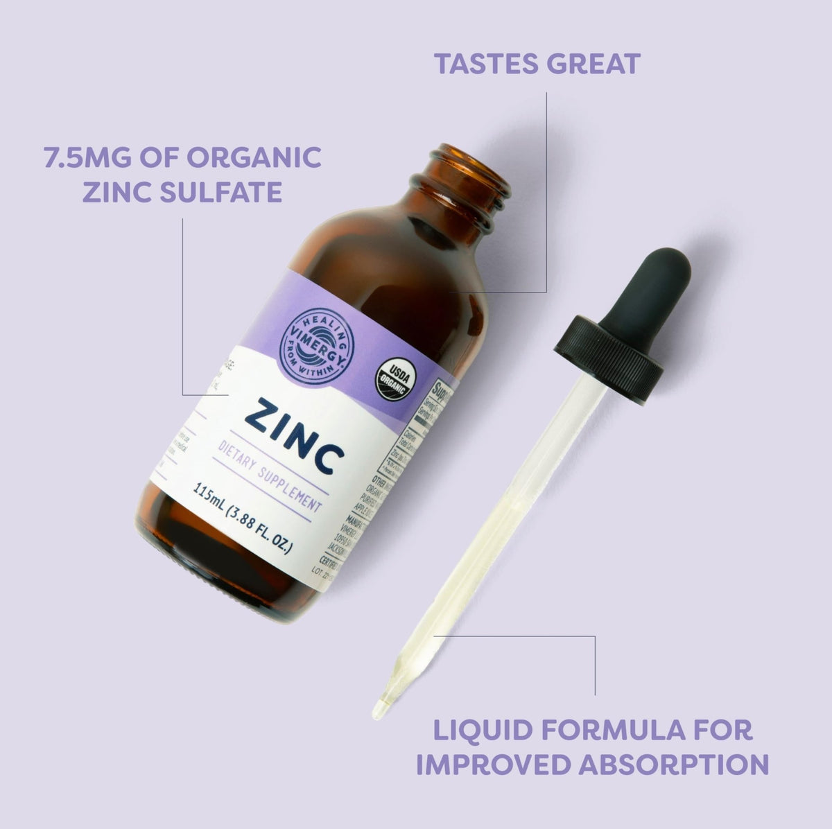 VIMERGY USDA Organic Zinc Supplements for Women & Men (7.5mg Liquid Zinc Per Serving) Fast-Absorbing Immune Support - FENGGESTORE20