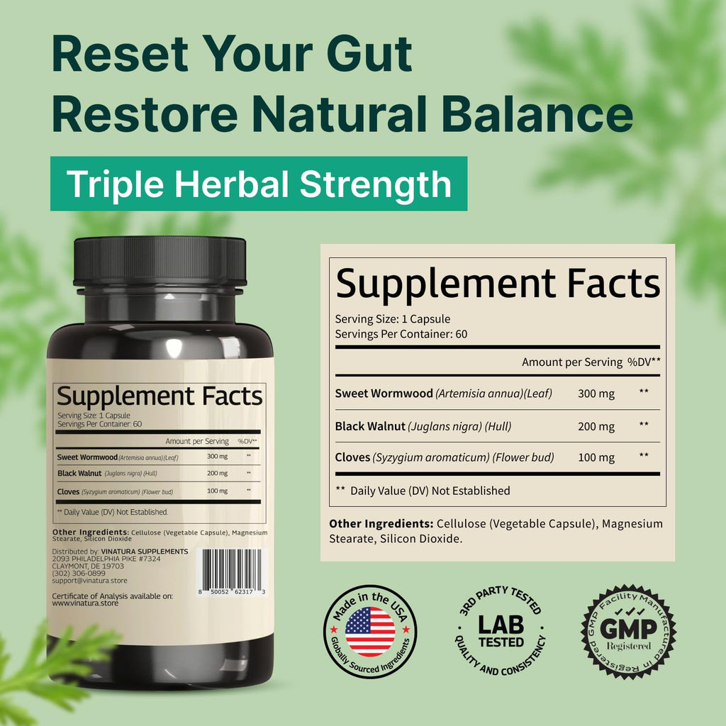 VINATURA Wormwood Black Walnut Clove Capsules - Cleanse, Detox, Intestinal Guard Formula Supplement for Humans, with Wormwood herb - FENGGESTORE20