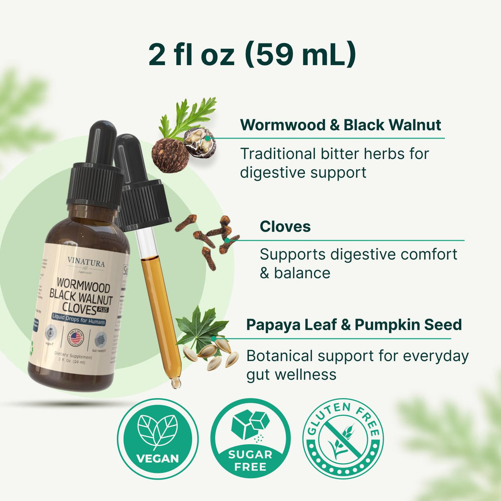 VINATURA Wormwood Black Walnut Cloves Liquid - Cleanse, Detox for Humans with Papaya Leaf and Pumpkin Seed, - FENGGESTORE20