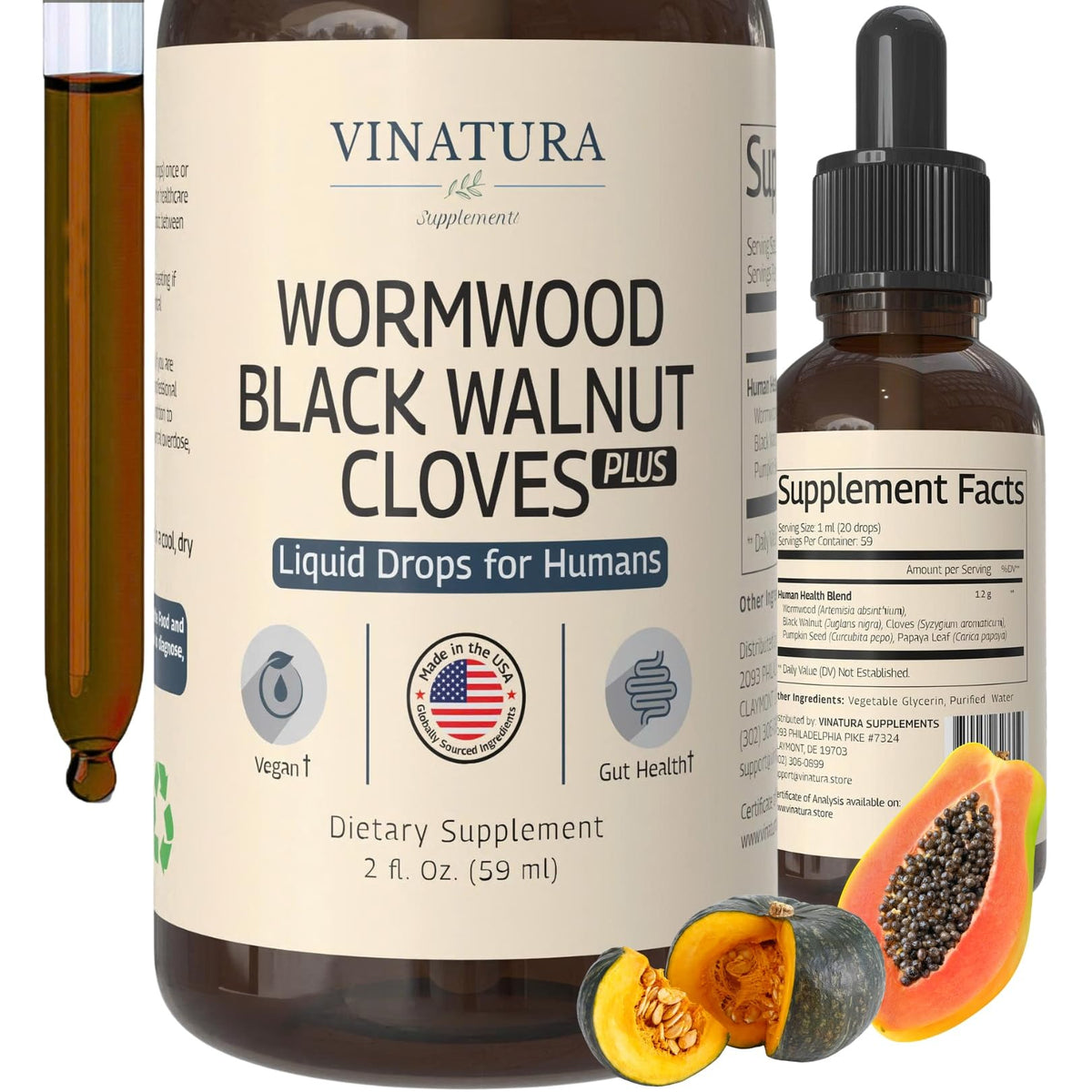 VINATURA Wormwood Black Walnut Cloves Liquid - Cleanse, Detox for Humans with Papaya Leaf and Pumpkin Seed, - FENGGESTORE20
