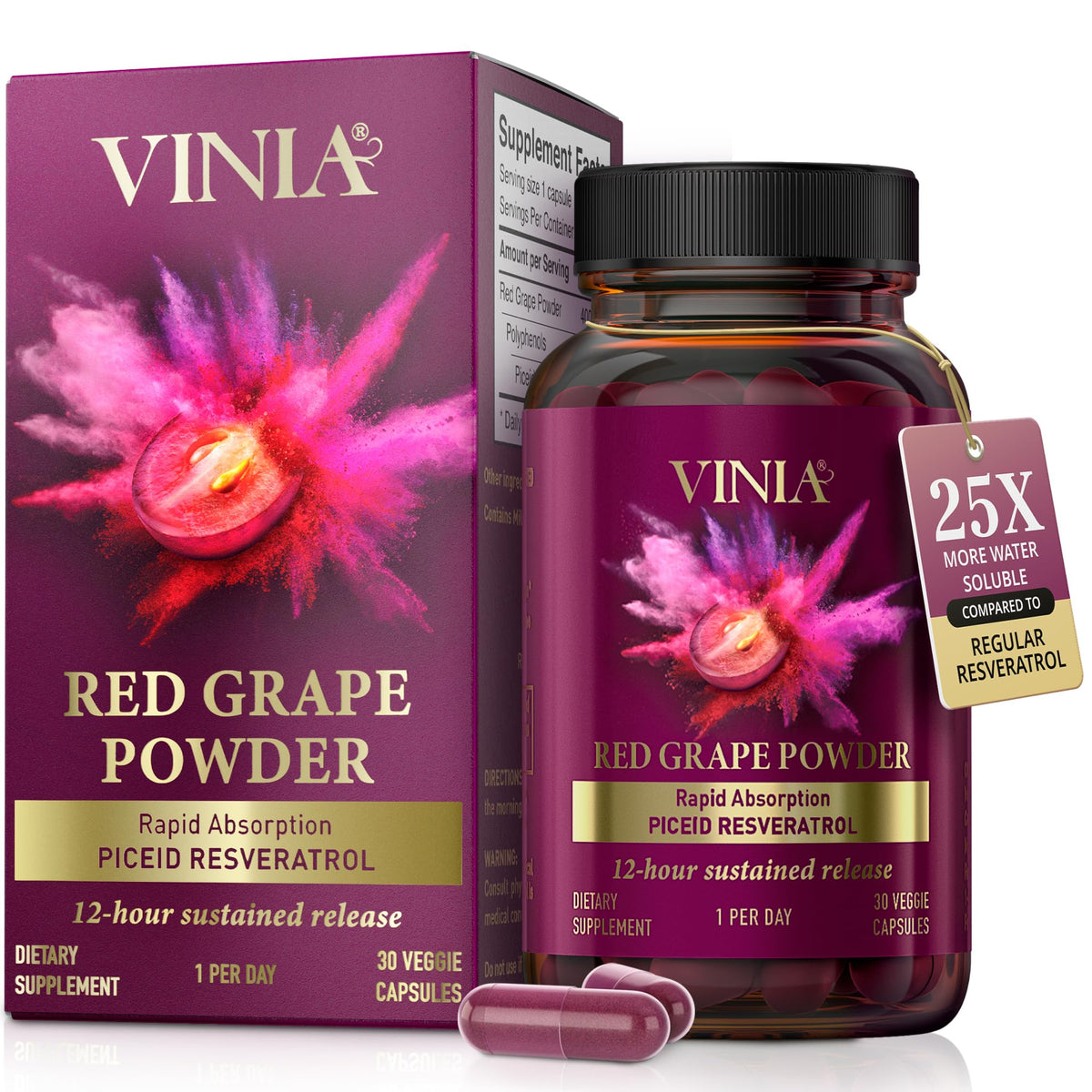 VINIA Piceid Resveratrol Supplement Capsules. Increases Blood Flow and Nitric Oxide. Blood Pressure and Heart Health Support - FENGGESTORE20